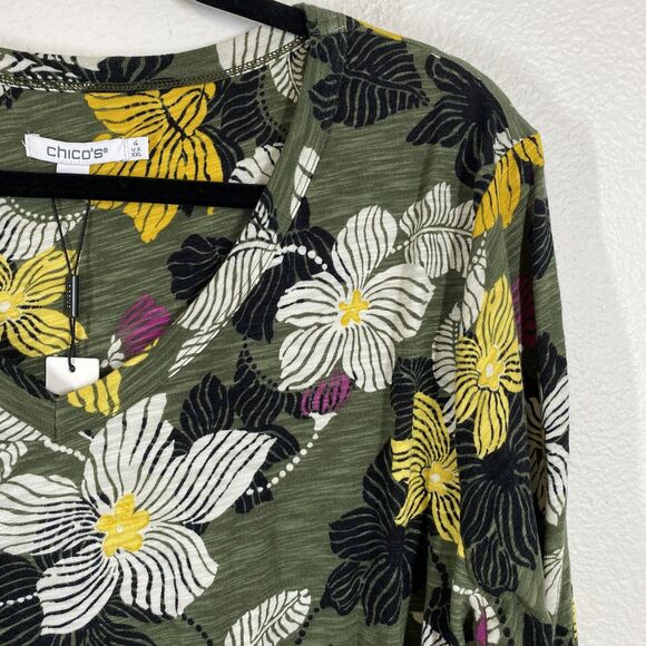 Chico’s Green Floral Blouse 3/4 Sleeve Top Size 4 2XL Slub Cotton V Neck Basic - Picture 3 of 9